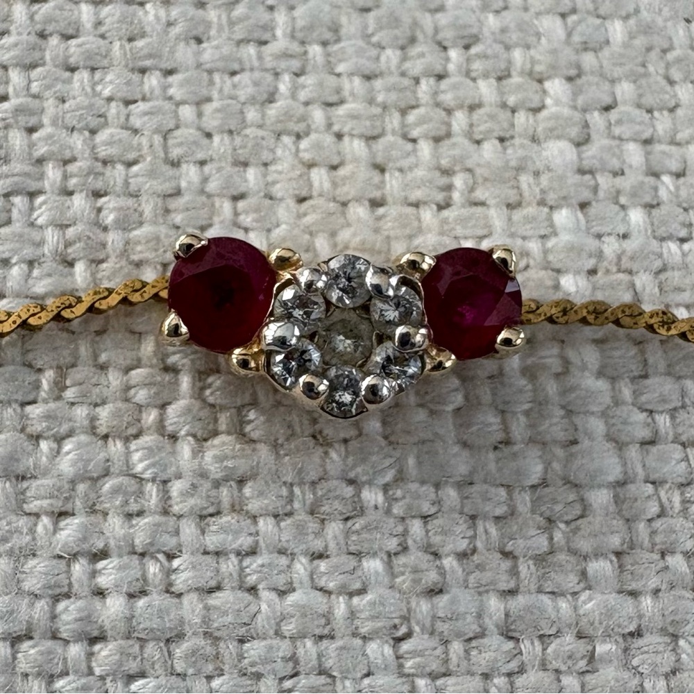 Elegant Ruby and Diamond 14K Gold Slide for necklace or bracelet.
